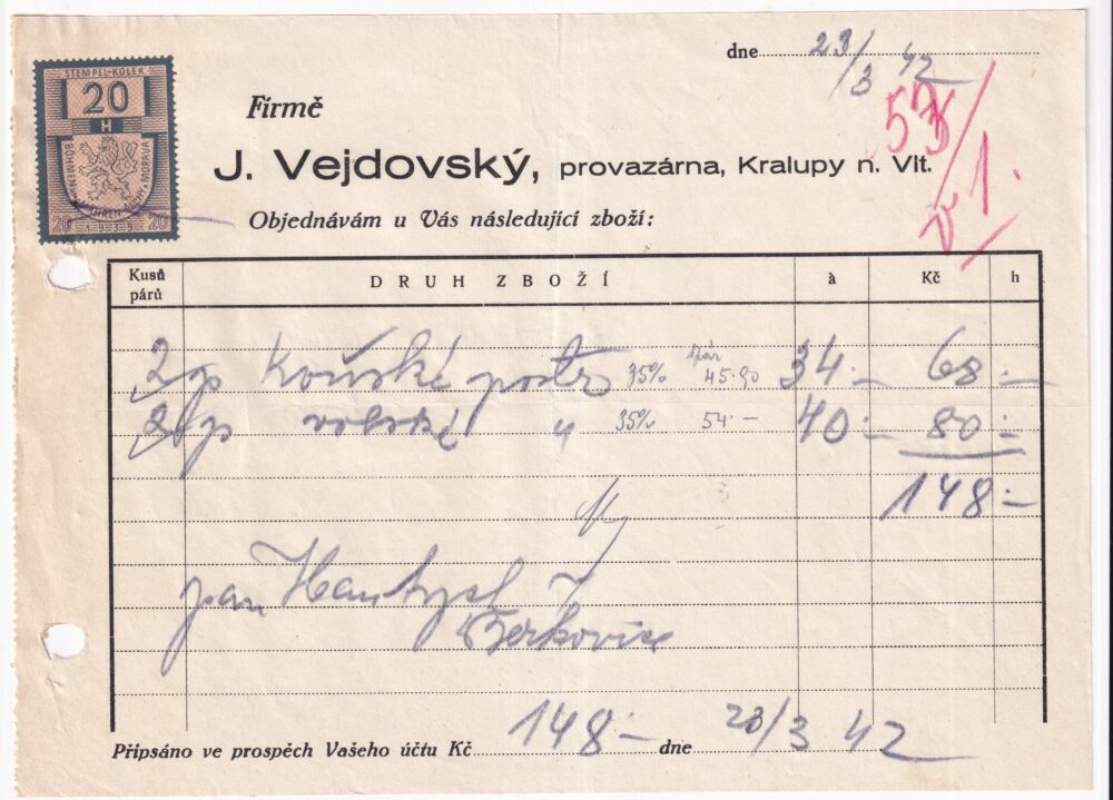 Účet, Provazárna, Mělník, 1942