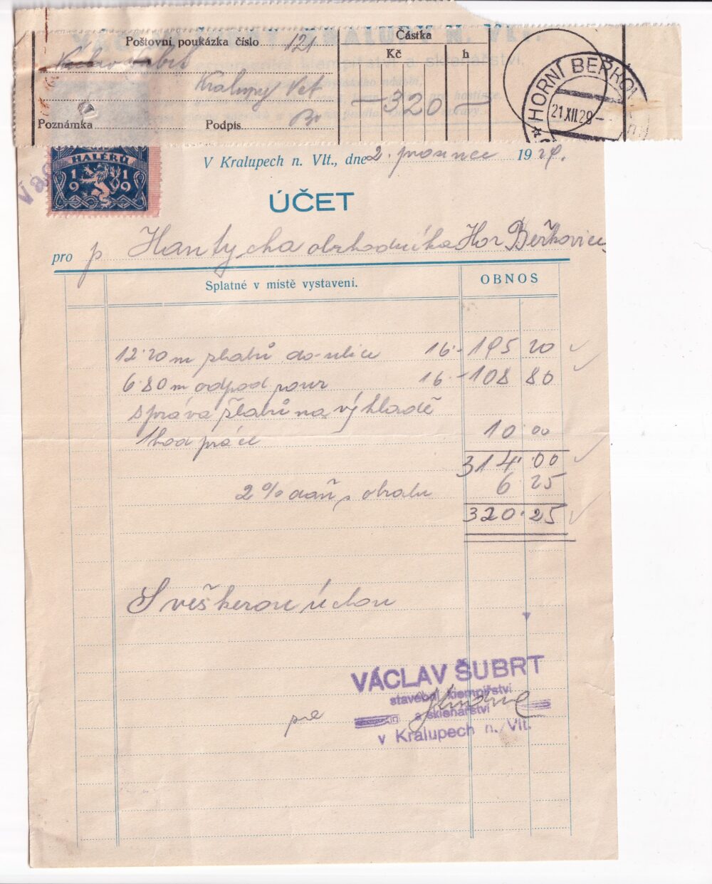 Účet, klempířství a sklenářství, Mělník, 1924