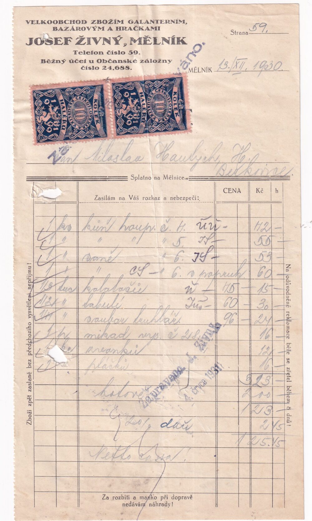 Účet, galanterie, hračky, pletené, Mělník, 1930