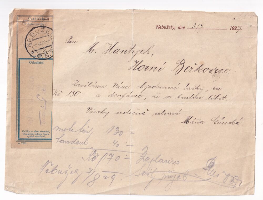 Účet, objednávka tašek, Mělník, 1929