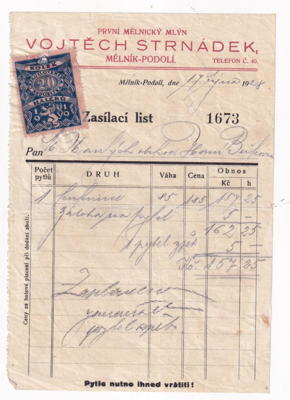 Účet, první mělnický mlýn, Mělník, 1928