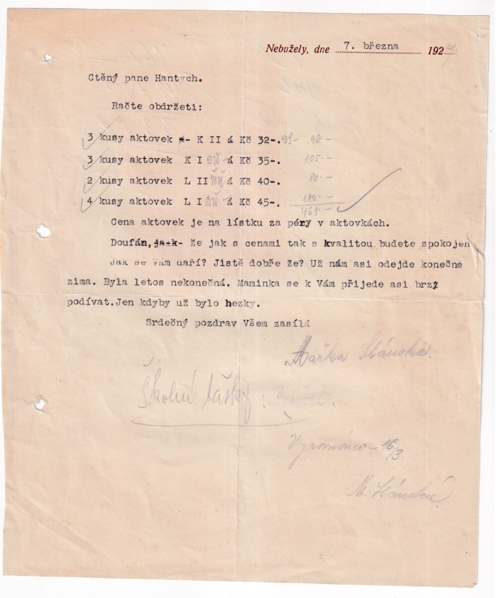 Účet, aktovky, Mělník, 1929