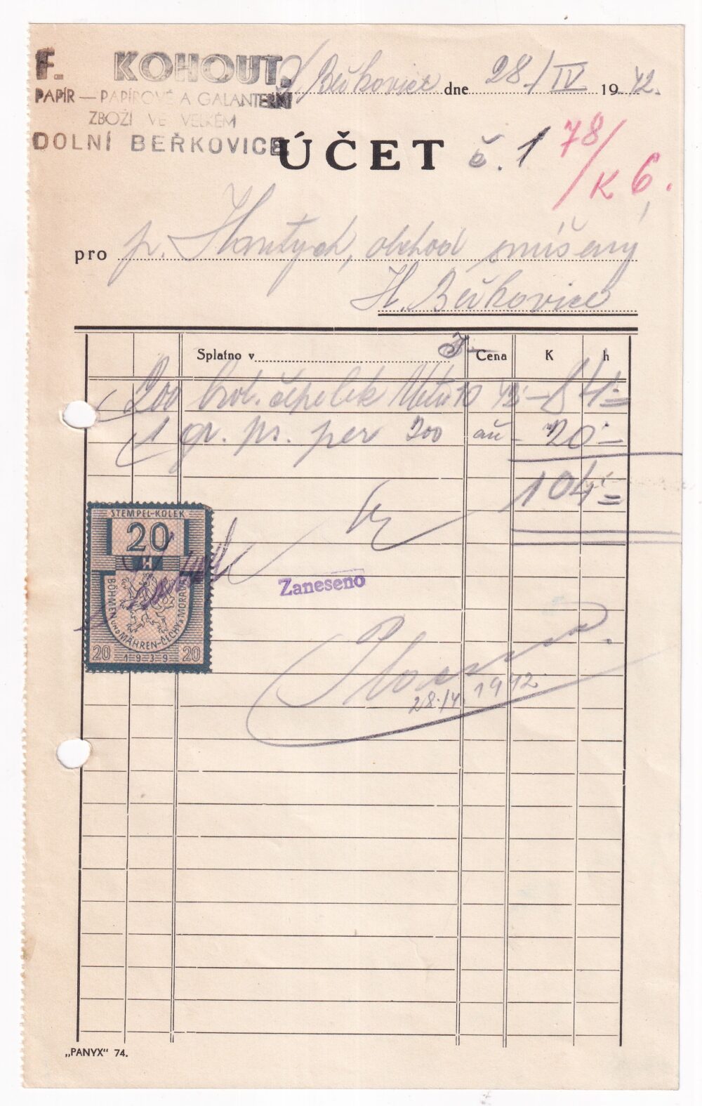 Účet, papír a galanterie, Mělník, 1942