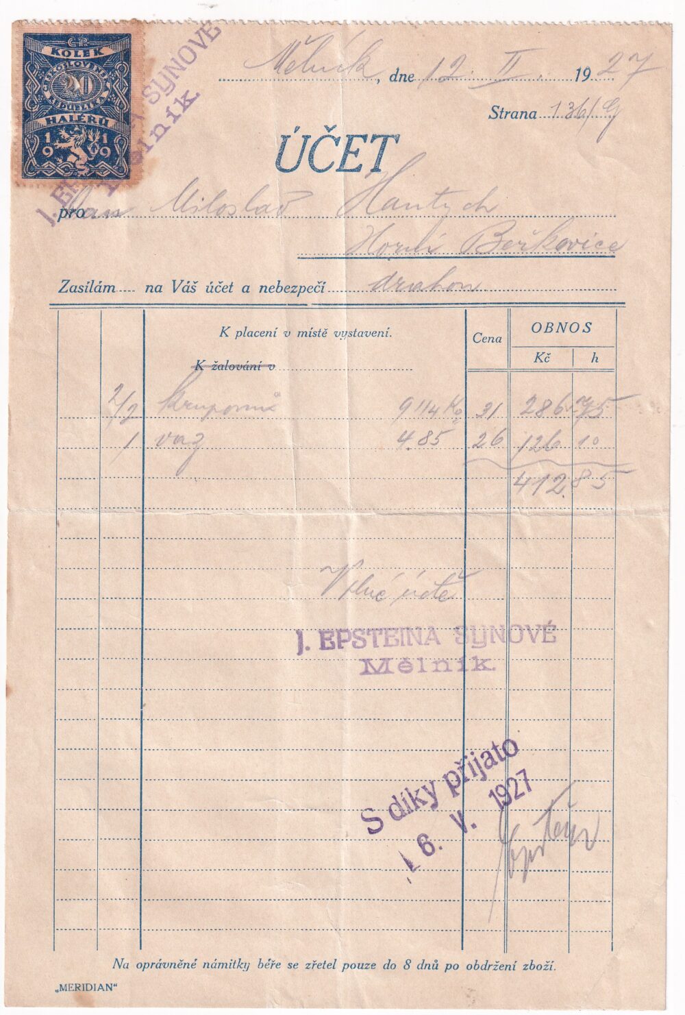 Účet, J. Epstein a synové, Mělník, 1927