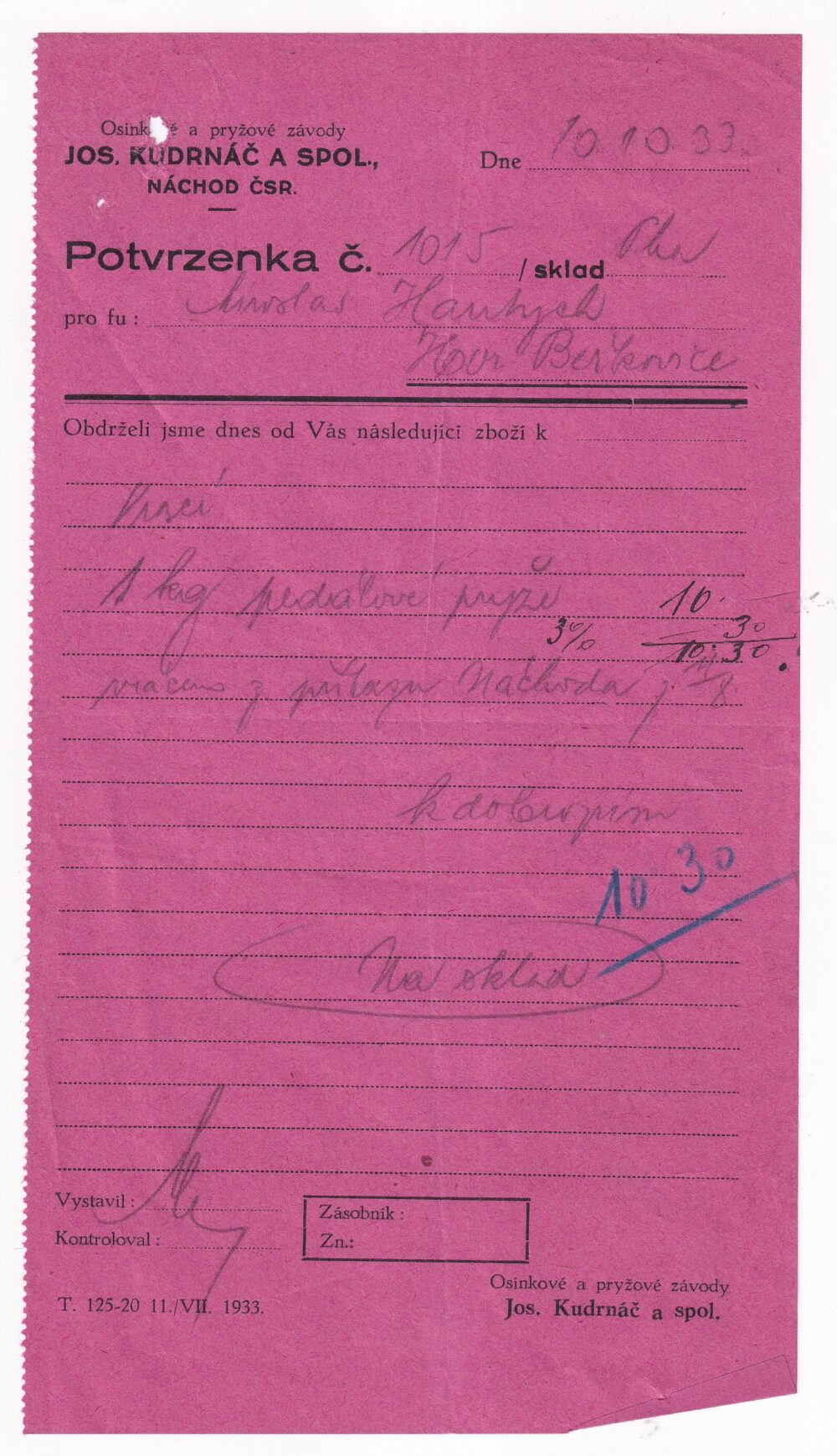 Účet, osinkové a pryžové závody, Náchod, 1933