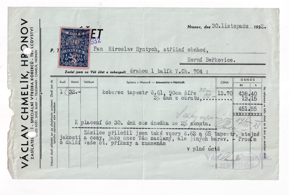 Účet, výroba koberců, Náchod, 1932