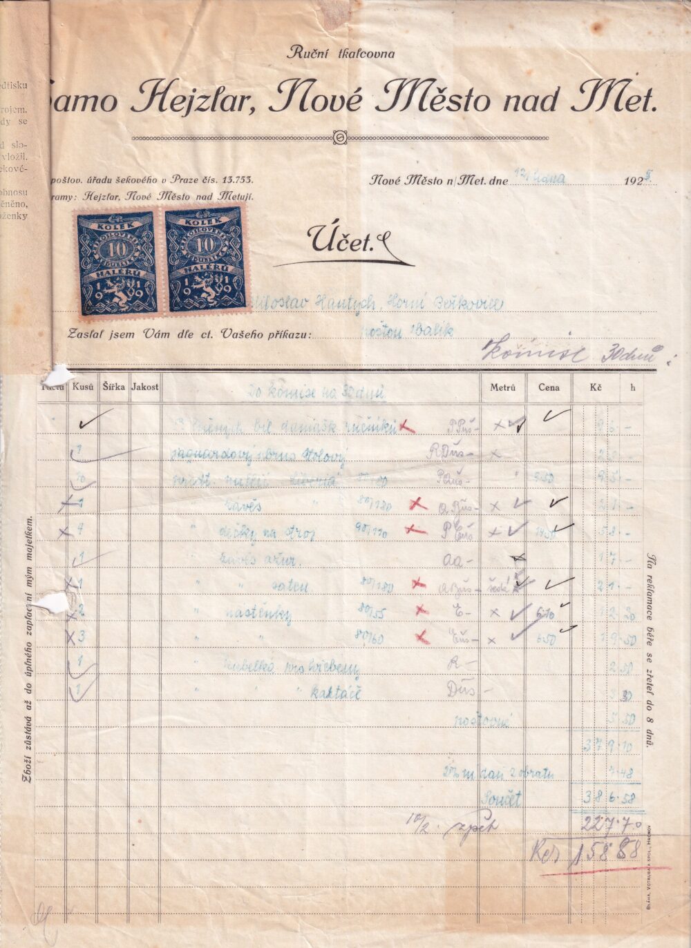 Účet, ruční tkalcovna, Náchod, 1925