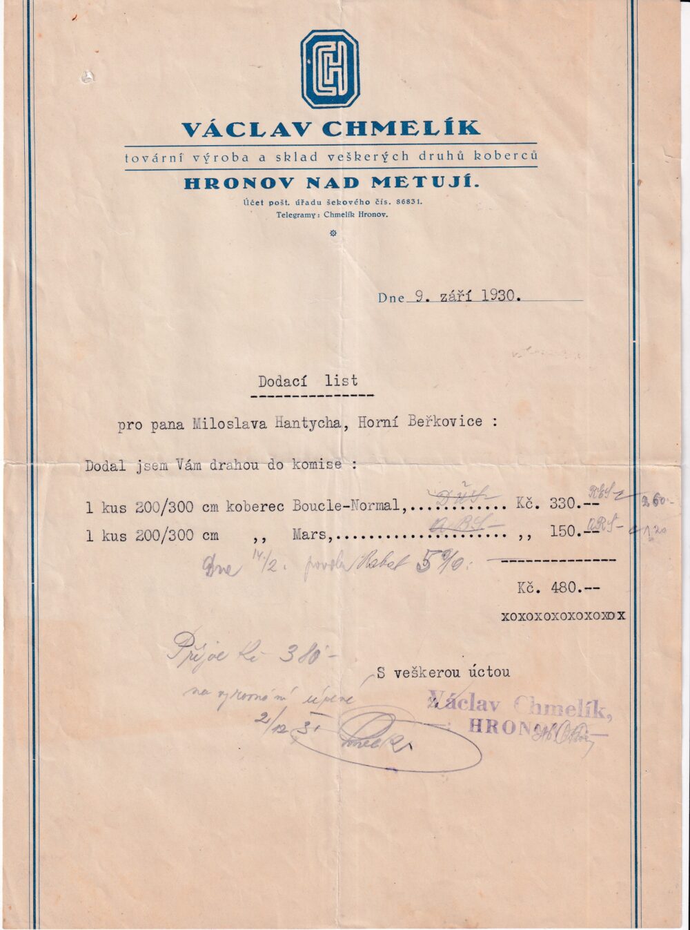 Účet, tovární výroba a sklad koberců, Náchod