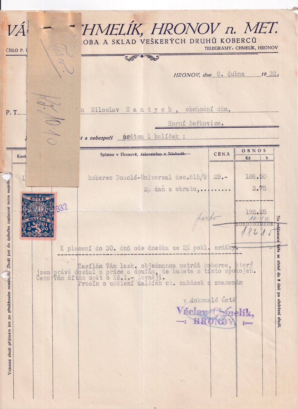 Účet, výroba koberců, Náchod, 1932