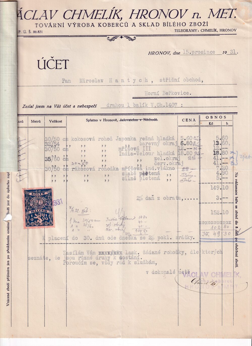 Účet, koberec a sklad bílého zboží, Náchod, 1932