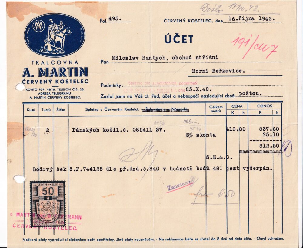 Účet, tkalcovna, Náchod, 1942