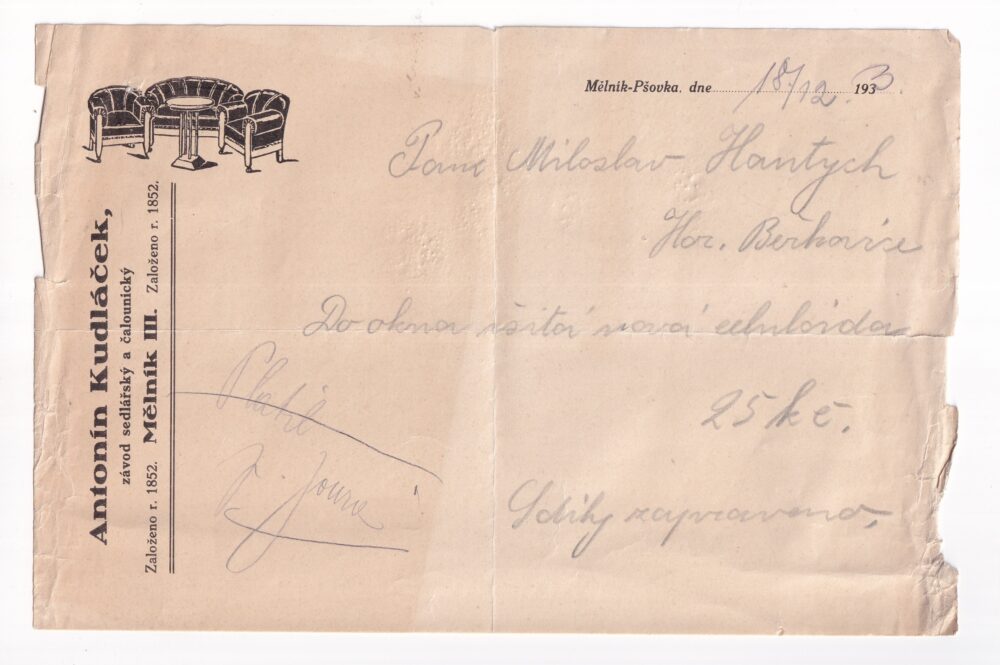 Účet, sedlářství a čalounictví, Mělník, 1933