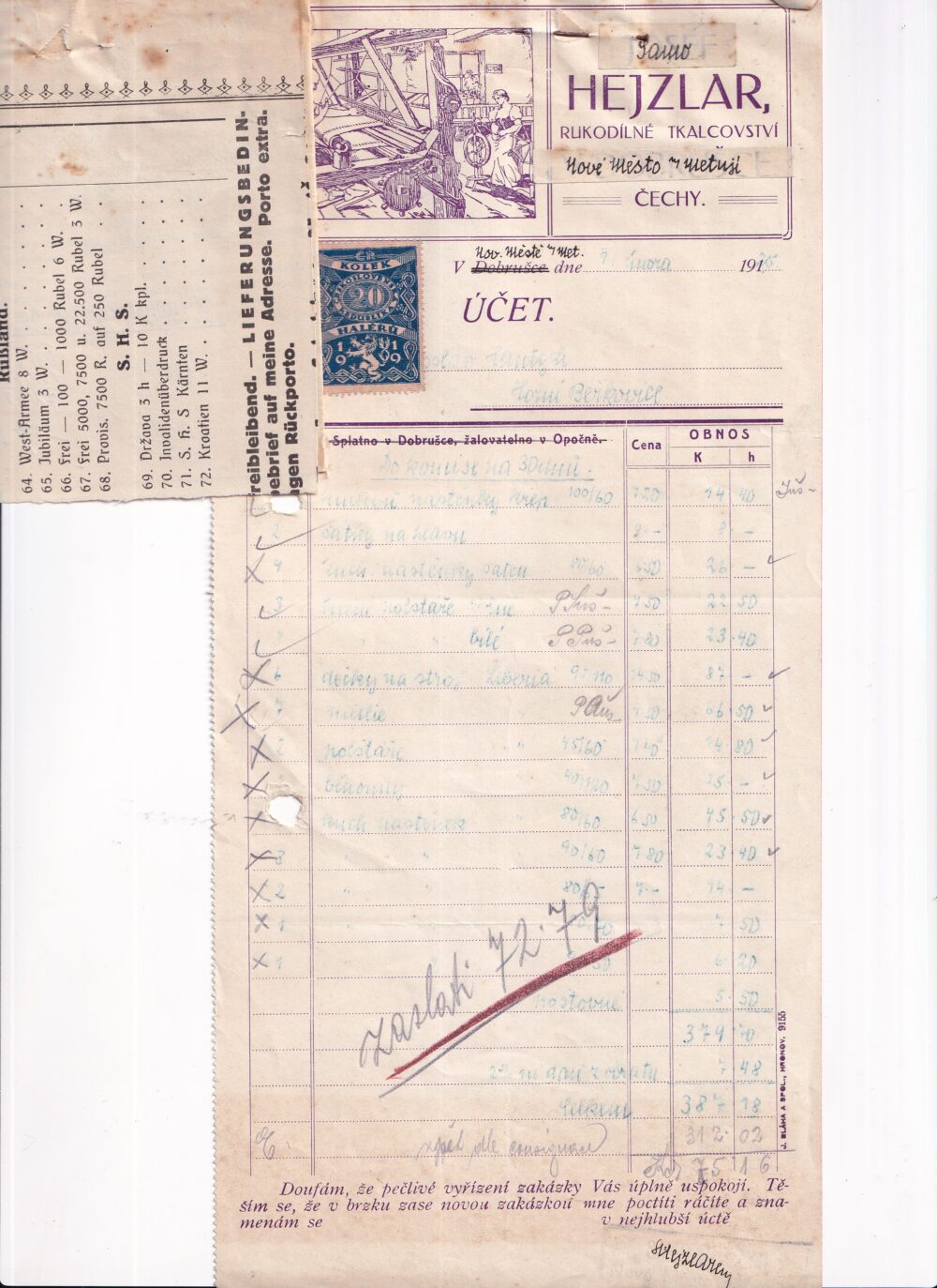 Účet, rukodílné tkalcovství, Náchod, 1915