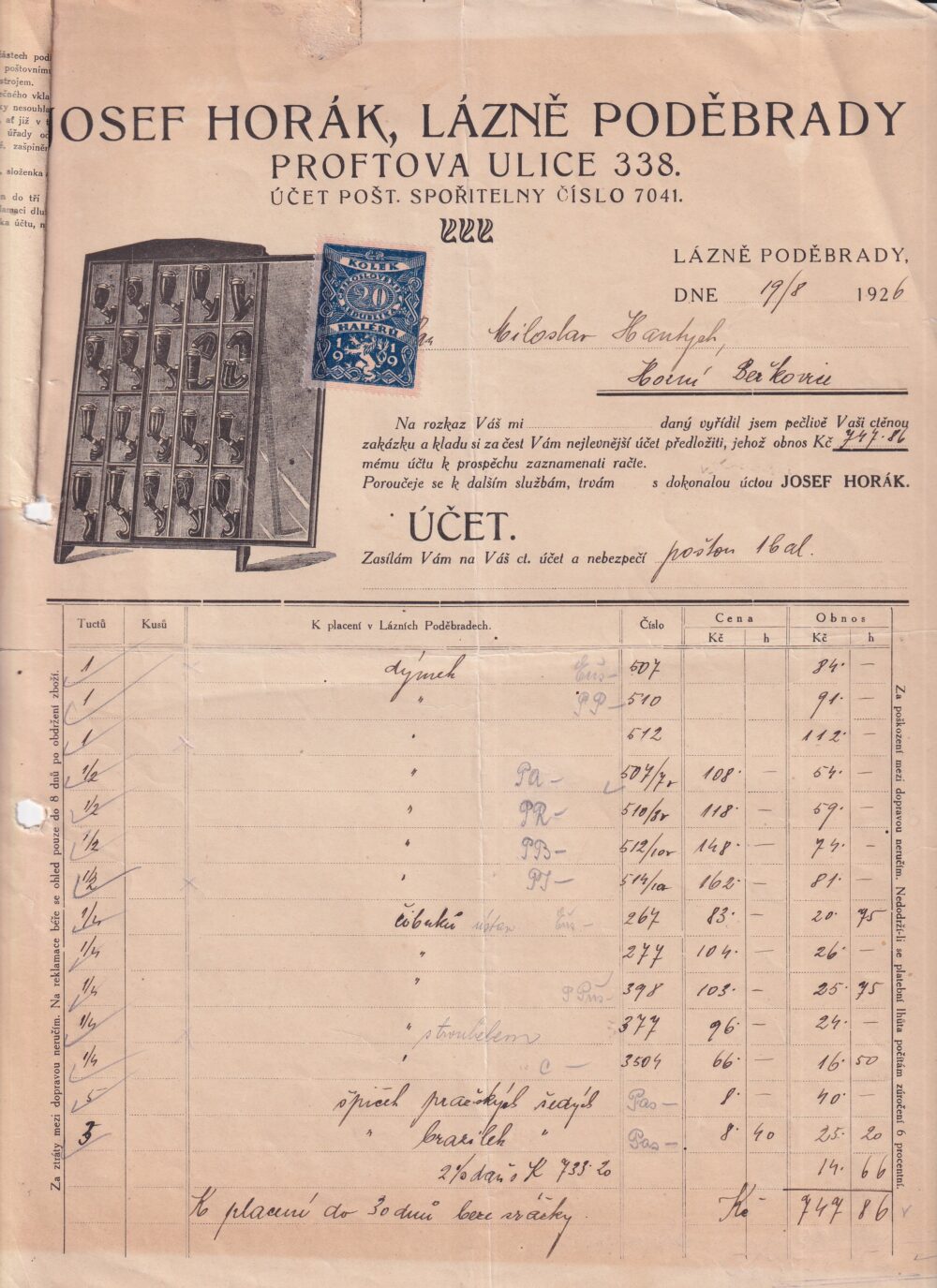 Účet, dýmky, Nymburk, 1926