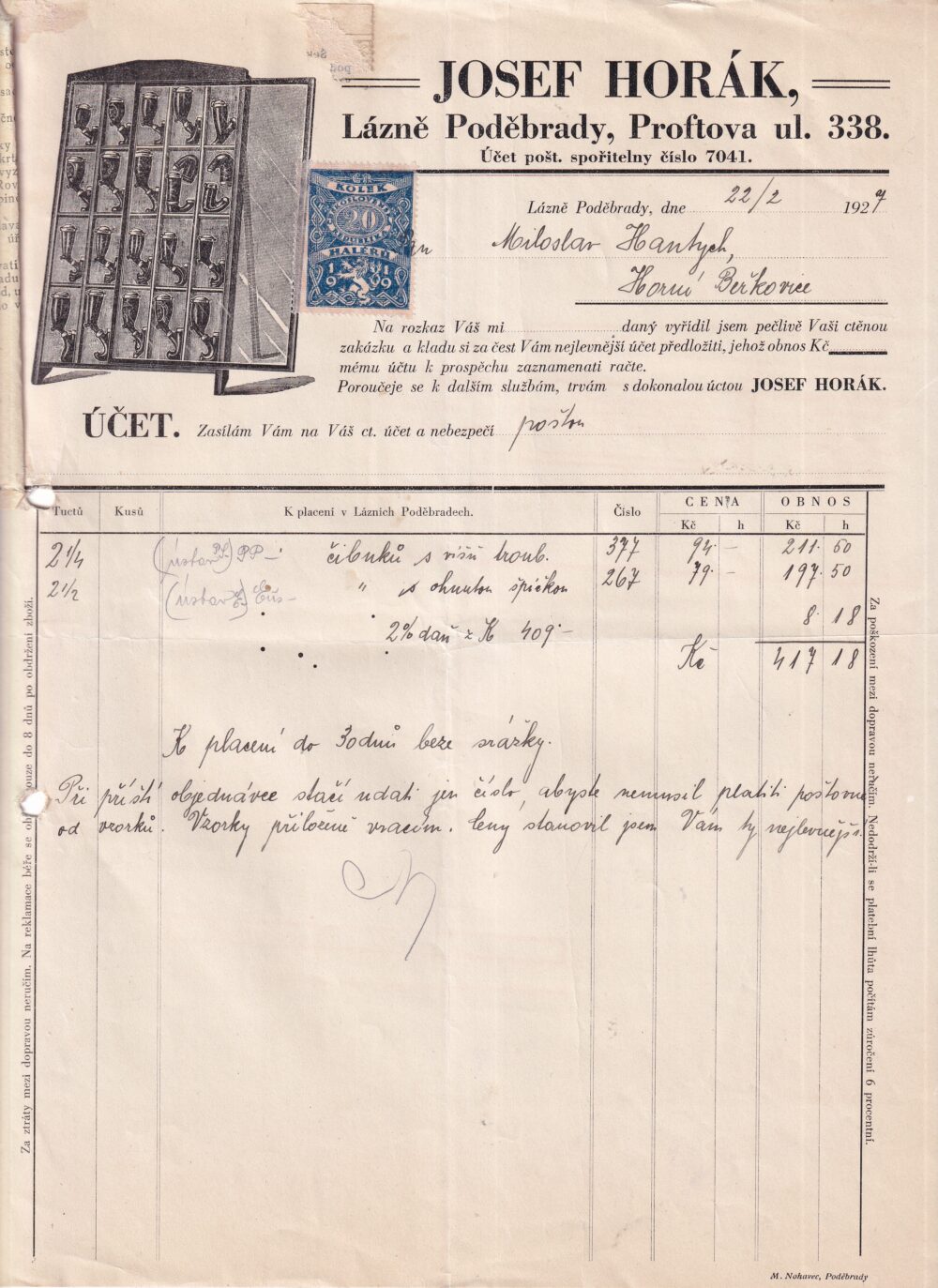 Účet, lázně Poděbrady, Nymburk, 1927