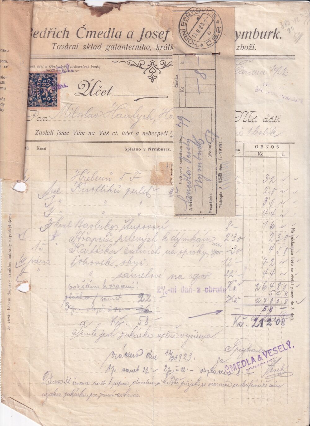 Účet, galanterie, hračky, pletené, Nymburk, 1922