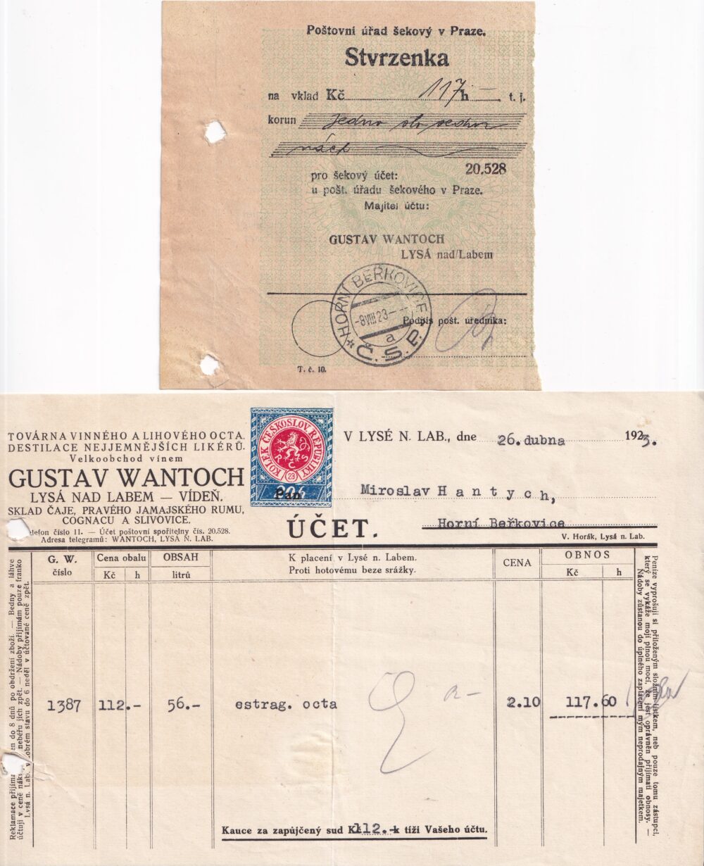 Účet, vinný a lihový ocet, Nymburk, 1923