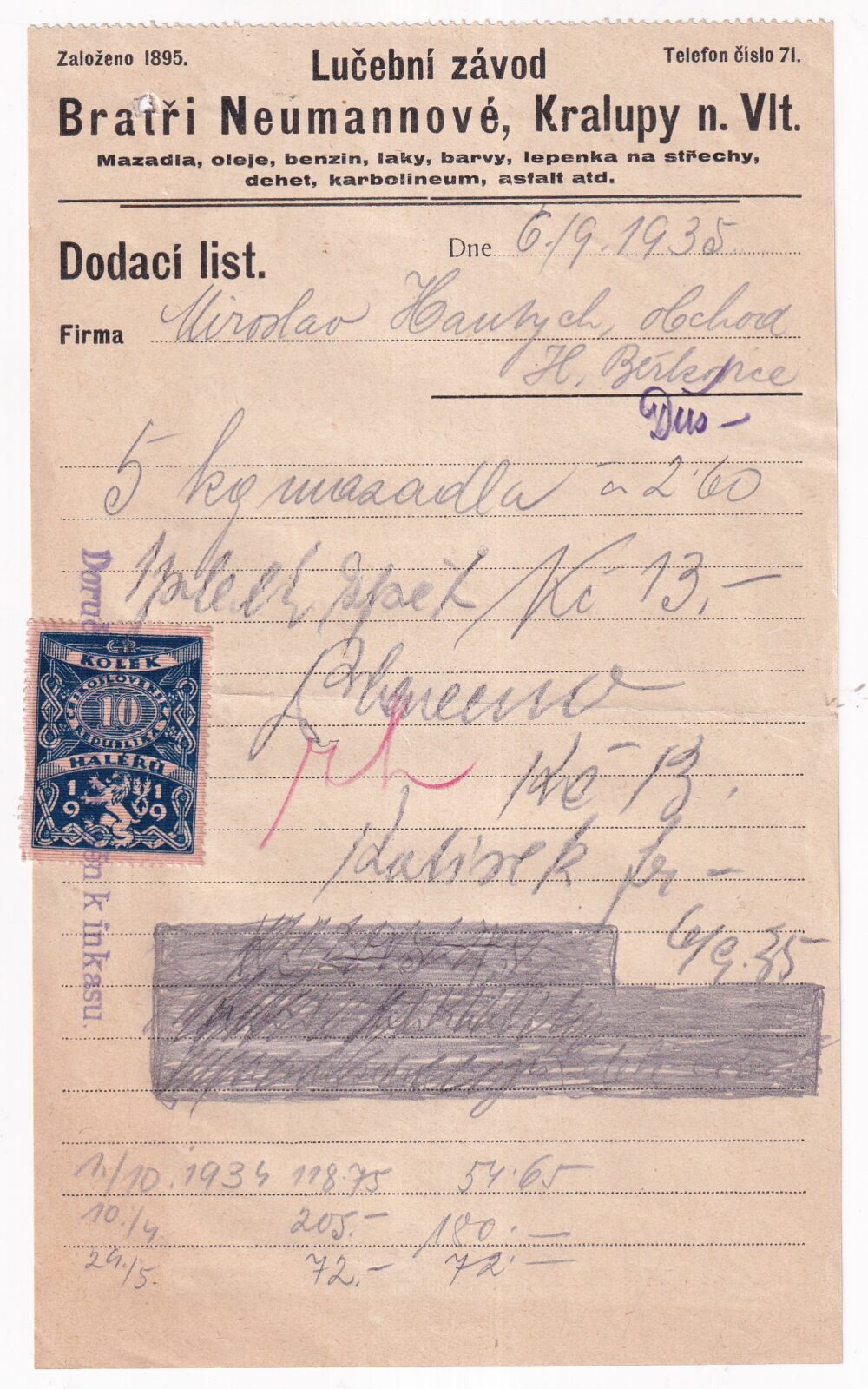 Účet, lučební závod, dodací list, Mělník, 1935