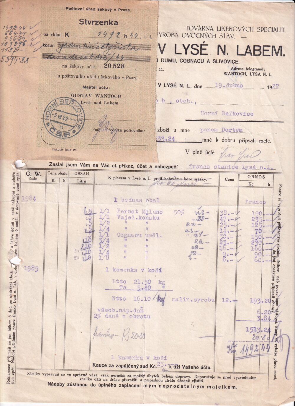 Účet, továrna likérových specialit, Nymburk, 1922