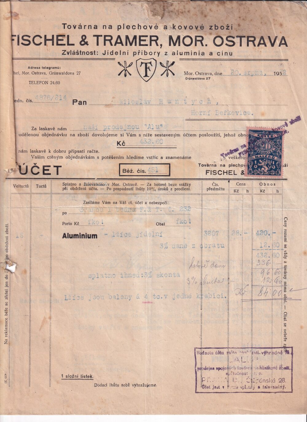 Účet, plechové a kovové zboží, Ostrava, 1932