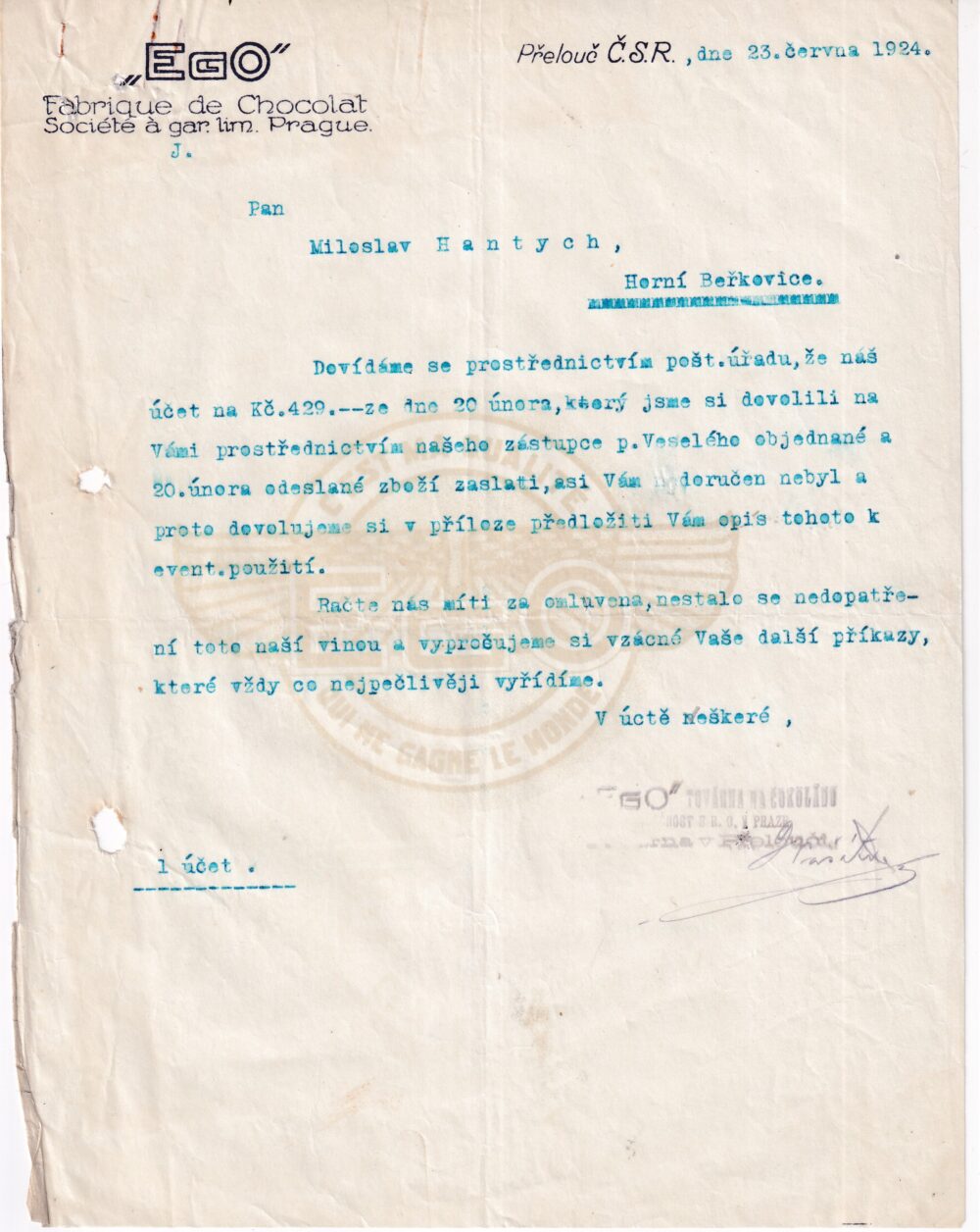 Účet, Ego, čokoláda, Pardubice, 1924