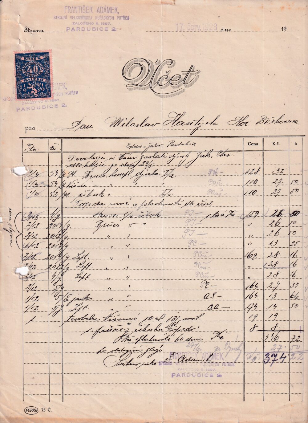 Účet, kuřácké potřeby, Pardubice, 1928