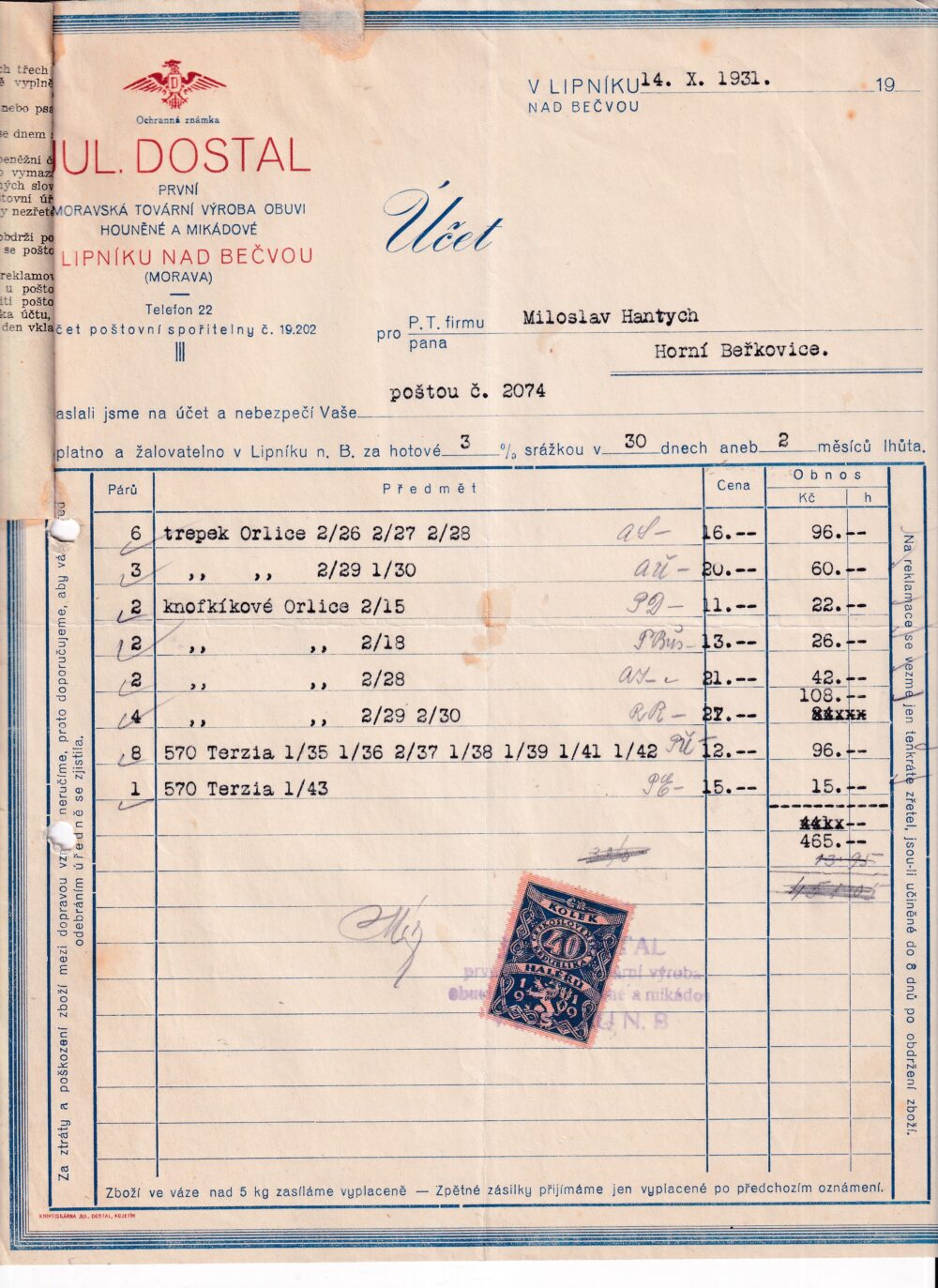 Účet, tovární výroba obuvi, Přerov, 1931