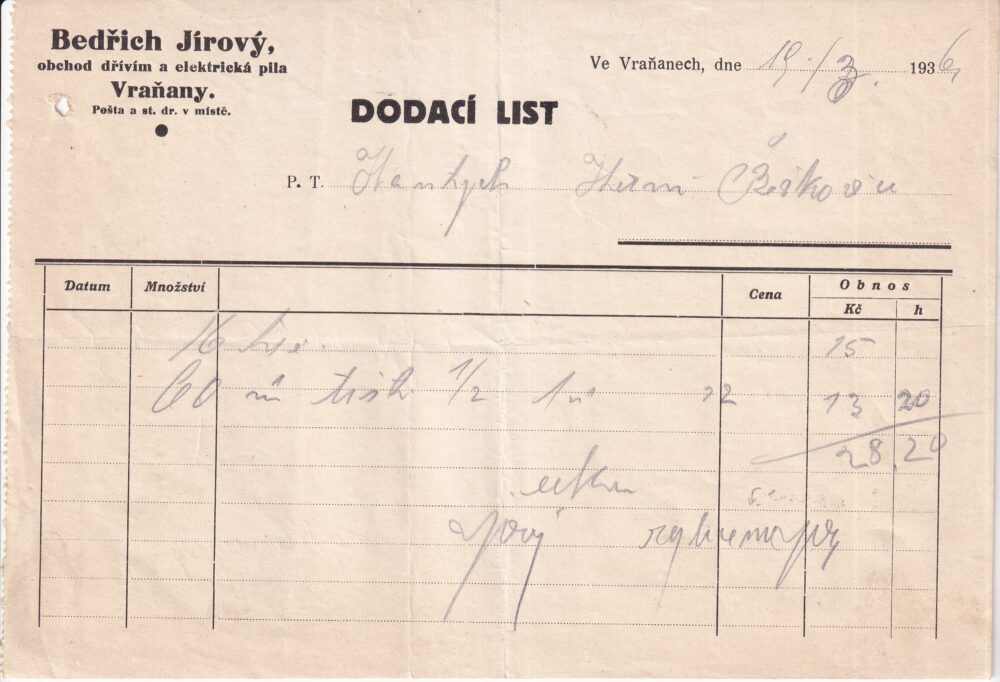 Účet, dříví a elektrická pila, Mělník, 1936