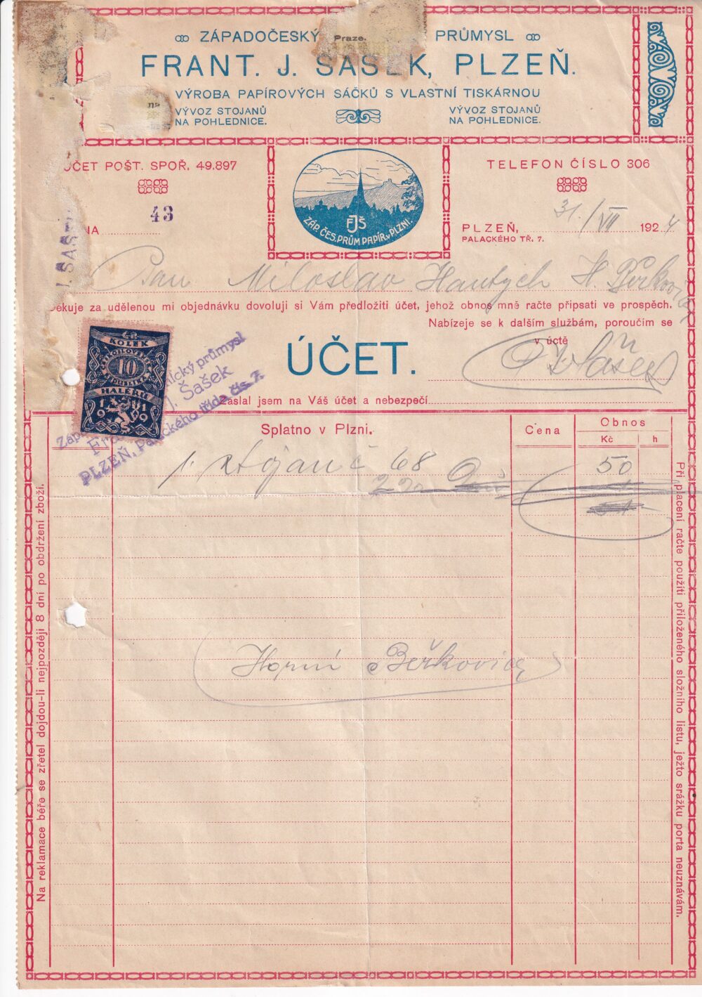 Účet, papírové sáčky, Plzeň, 1924