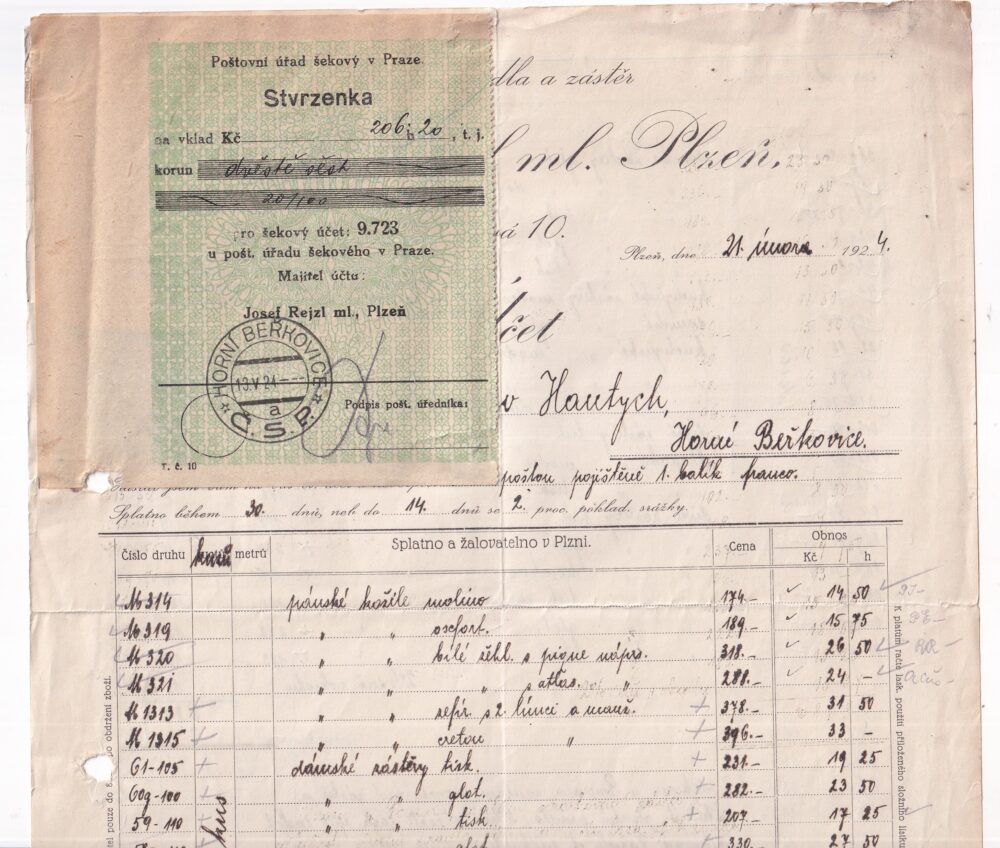 Účet, prádla a zástěry, Plzeň, 1924