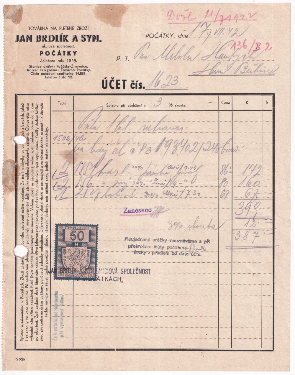 Účet, pletené zboží, Pelhřimov, 1942