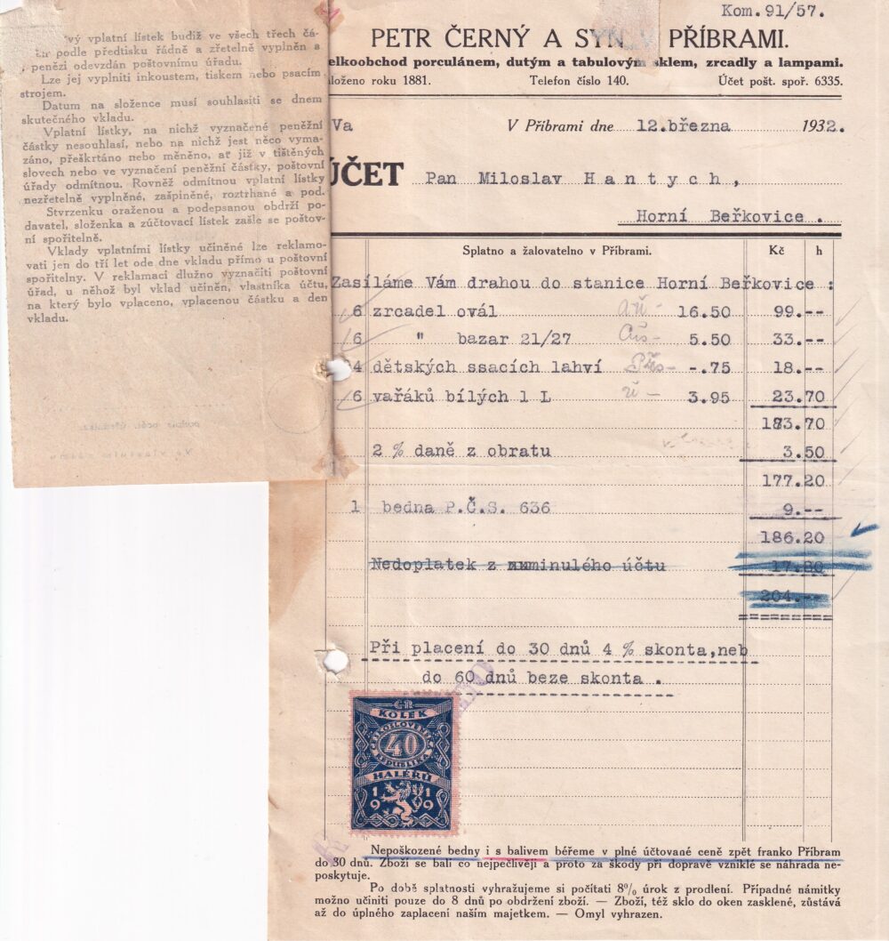 Účet, porculán, sklo, zrcadla, Příbram, 1932