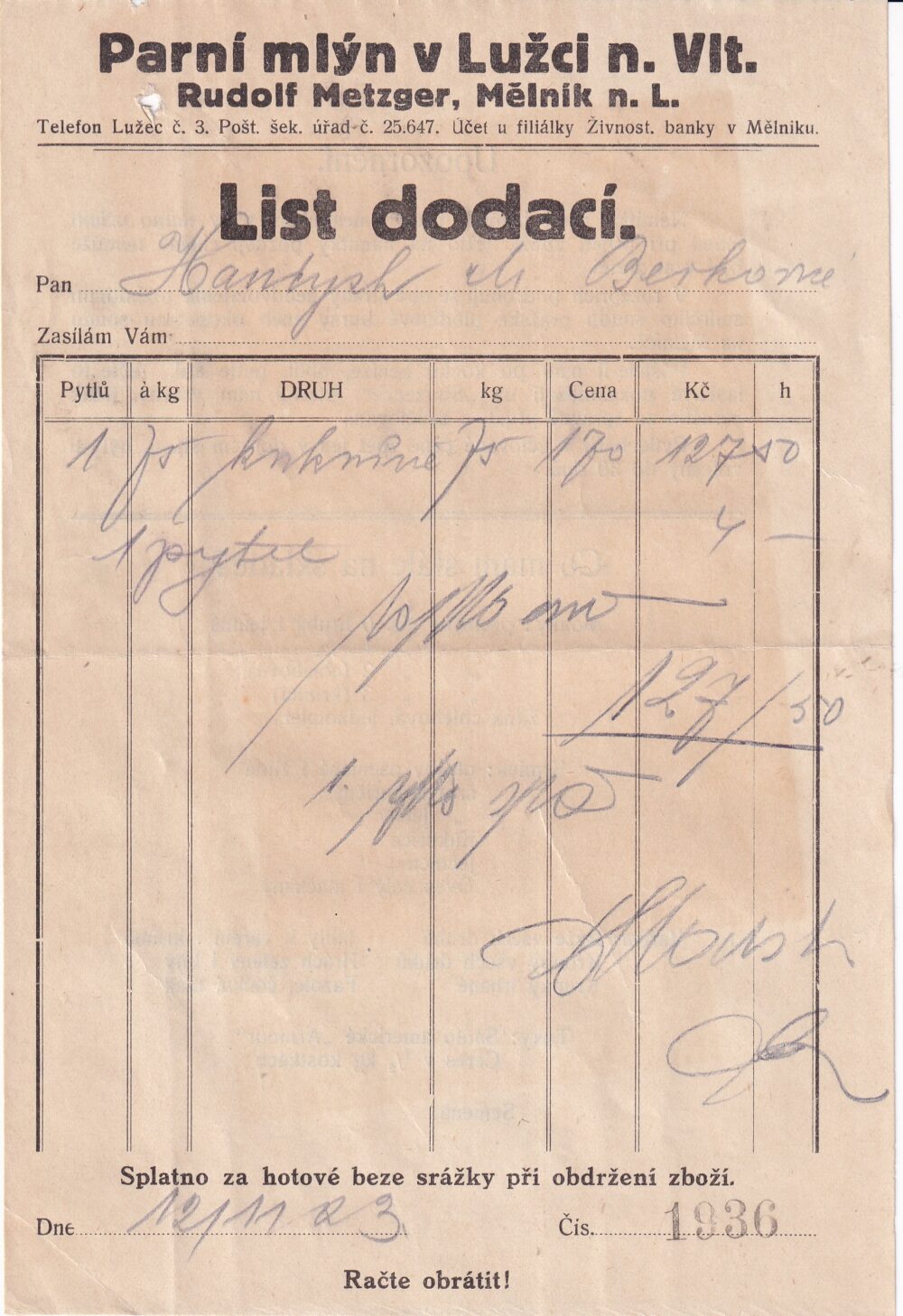 Účet, Parní mlýn, Mělník, 1936