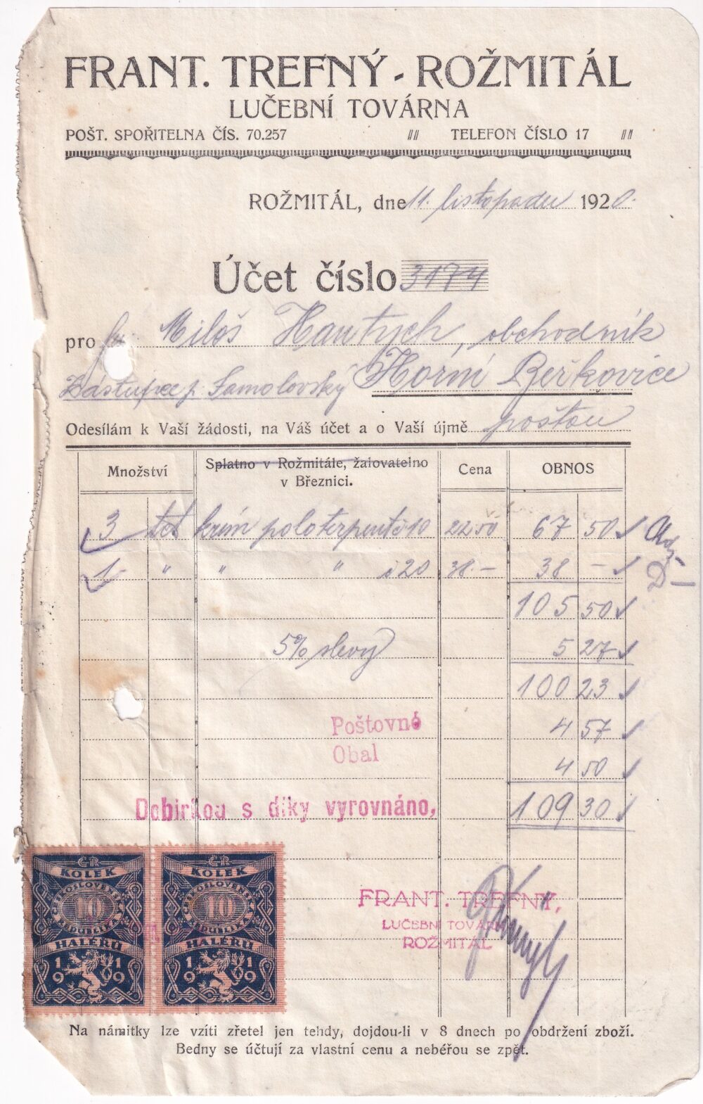Účet, lučební továrna, Příbram, 1920