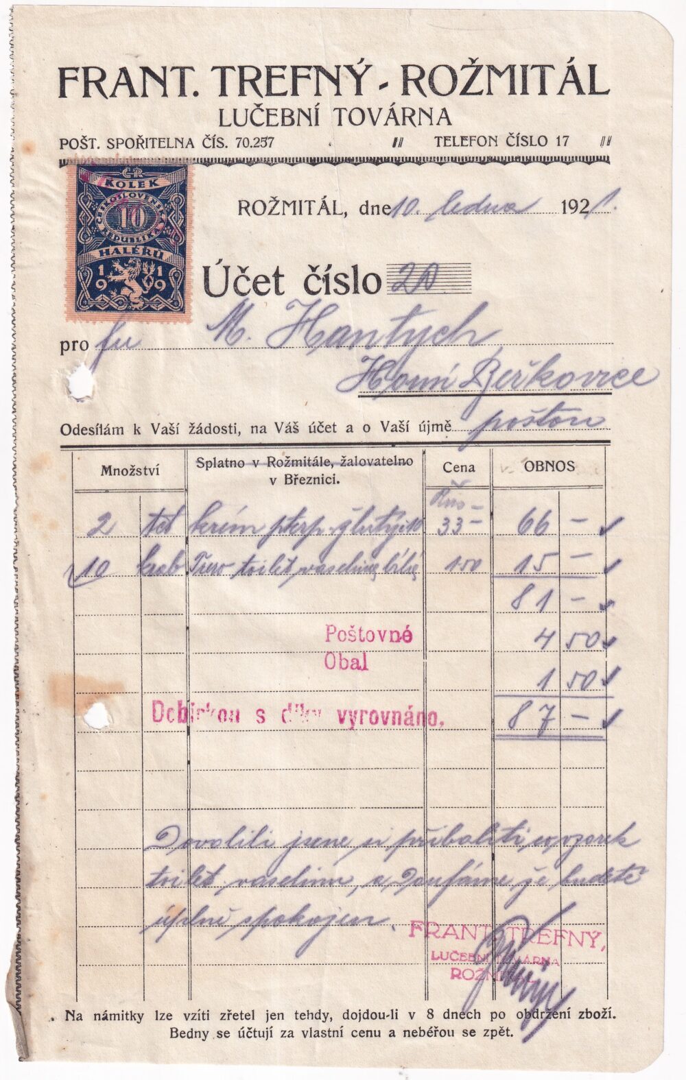 Účet, lučební továrna, Příbram, 1921