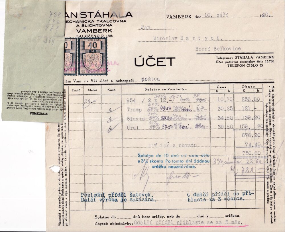 Účet, mechanická tkalcovna, Rychnov n. K., 1940