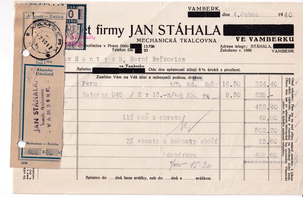 Účet, mechanická tkalcovna, Rychnov n. K., 1940