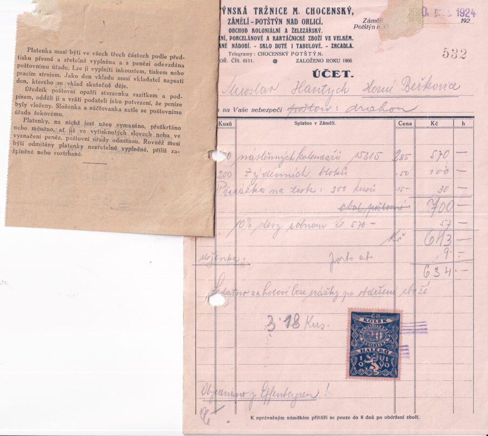Účet, koloniál a obchod železem, Ryhcnov n. K