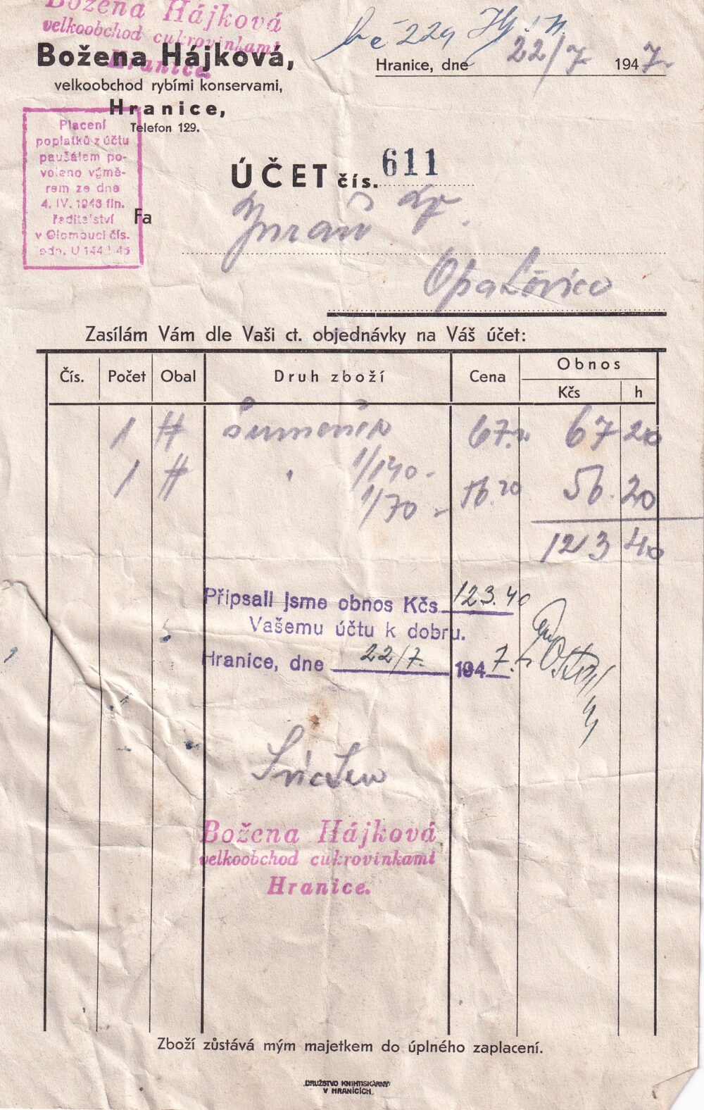 Hlavičkový účet Rybí konservy, B. Hájková