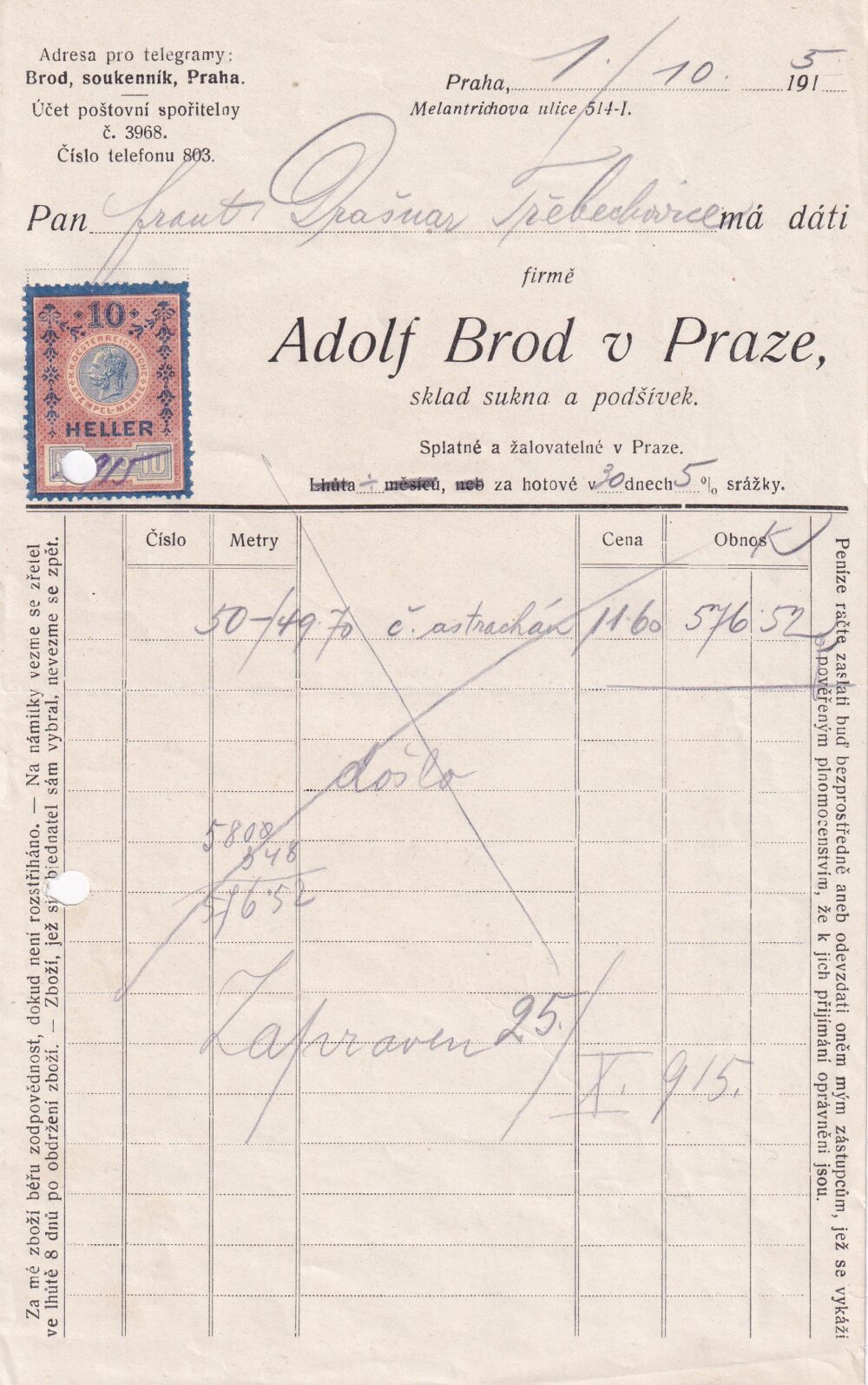 Hlavičkový účet Sukna a podšívky, A. Brod