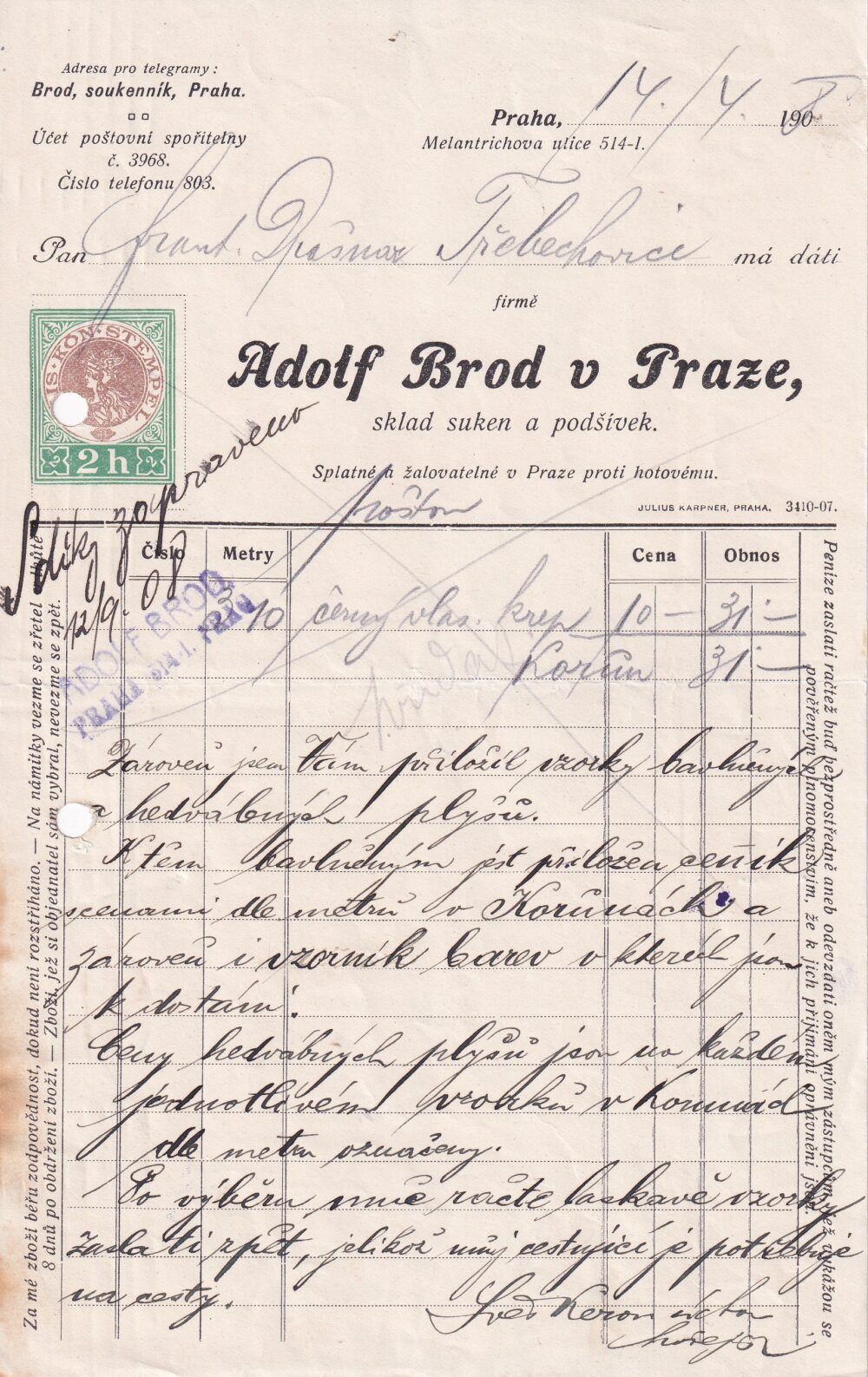 Hlavičkový účet Sukna a podšívky, A. Brod