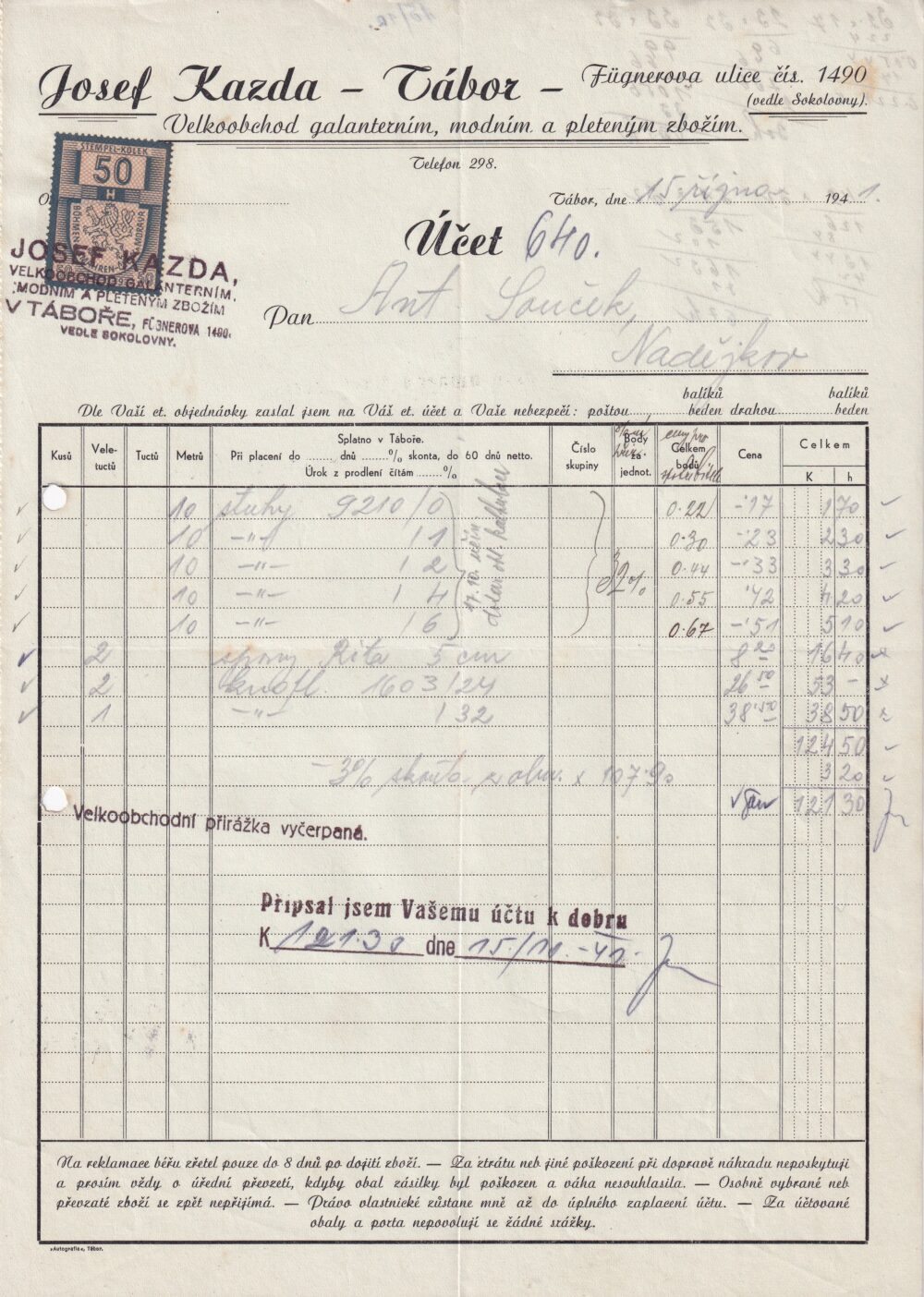 Hlavičkový účet Galanterní aj., Josef Kazda