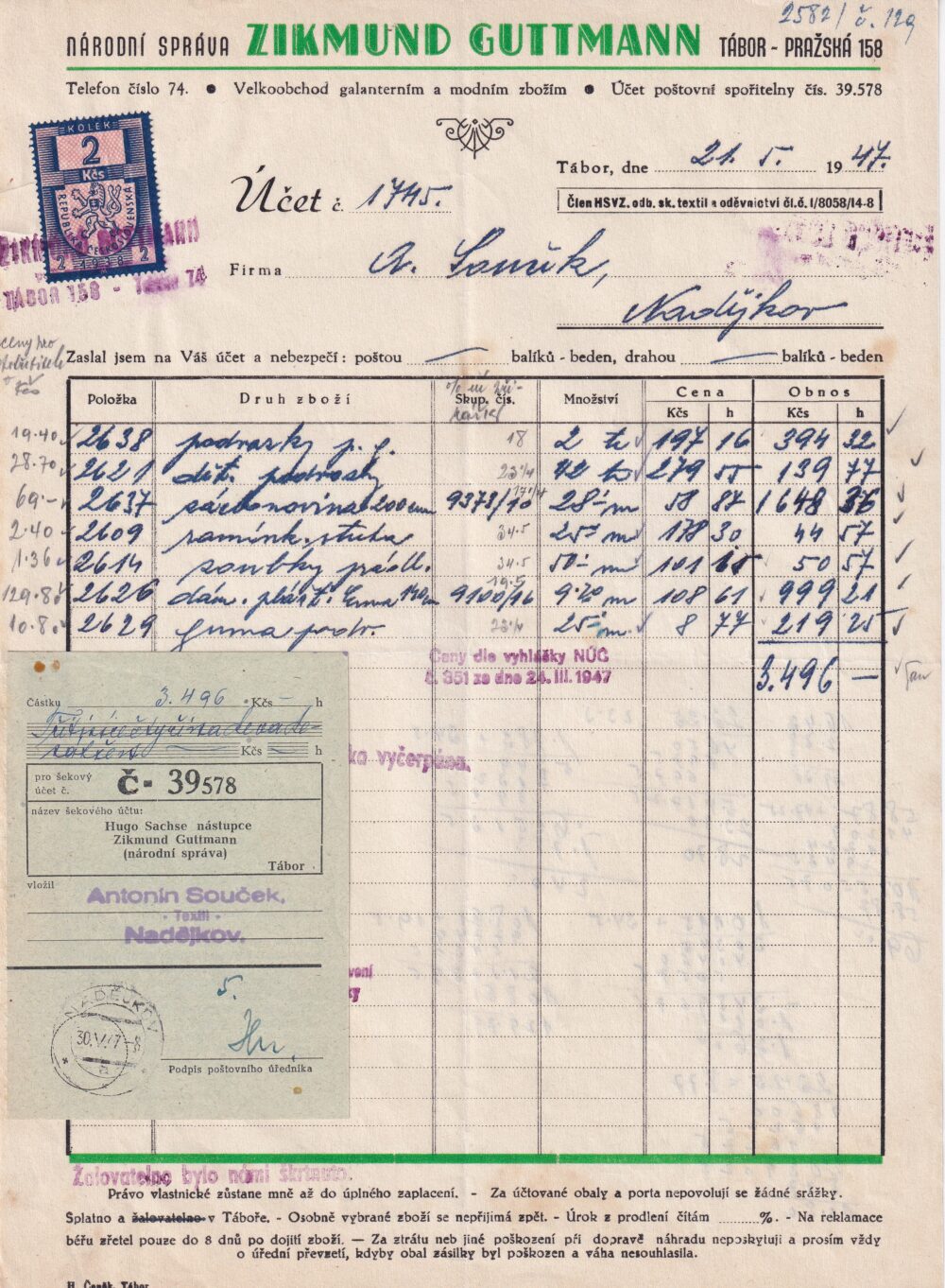 Hlavičkový účet Galanterní aj., Zikmund Guttmann