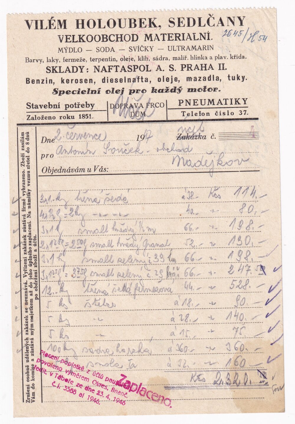 Hlavičkový účet Velkoobchod materiální, Sedlčany