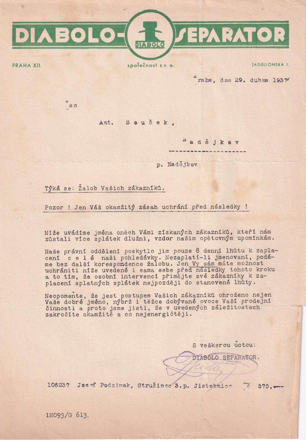 Hlavičkový účet Diabolo-Separator, 1937