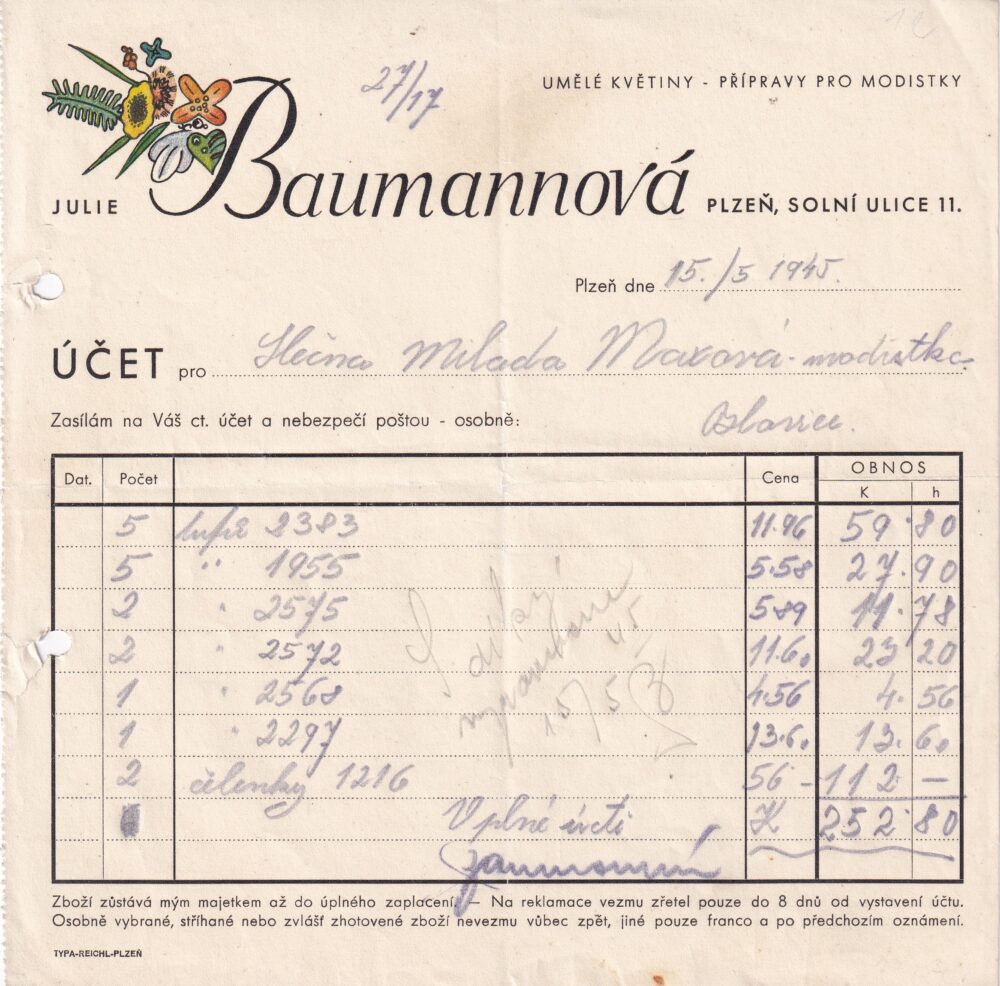 Hlavičkový účet Umělé květiny, J. Baumannová