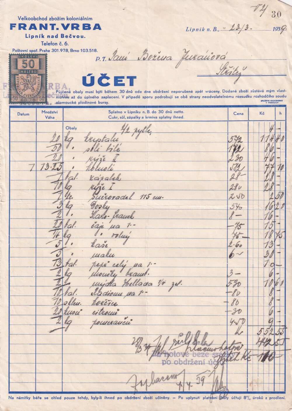 Hlavičkový účet Koloniální zboží, F. Vrba