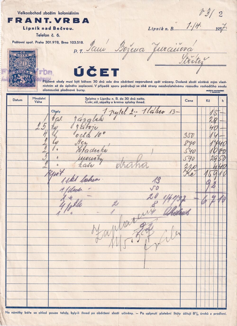 Hlavičkový účet Koloniální zboží, F. Vrba