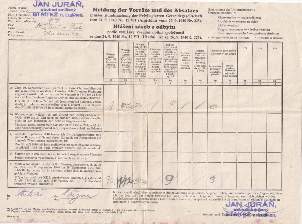 Hlavičkový účet Hlášení zásob a odbytu, J. Juráň