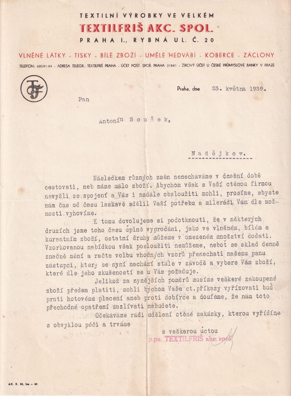 Hlavičkový účet Textilfriš, akciová společnost